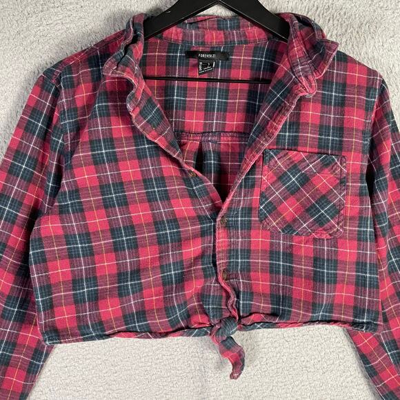 Forever 21 Plaid Flannel Button Front Long Sleeve Crop Tie Shirt Red L - Picture 8 of 9